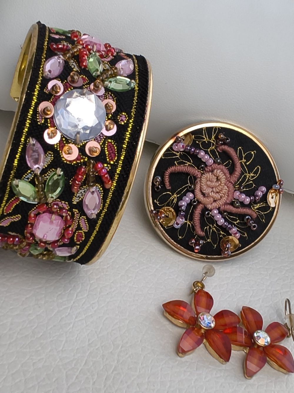 Embroidery Beaded Cuff Bracelet, Brooch, Floral Drop Earrings Euro Boho